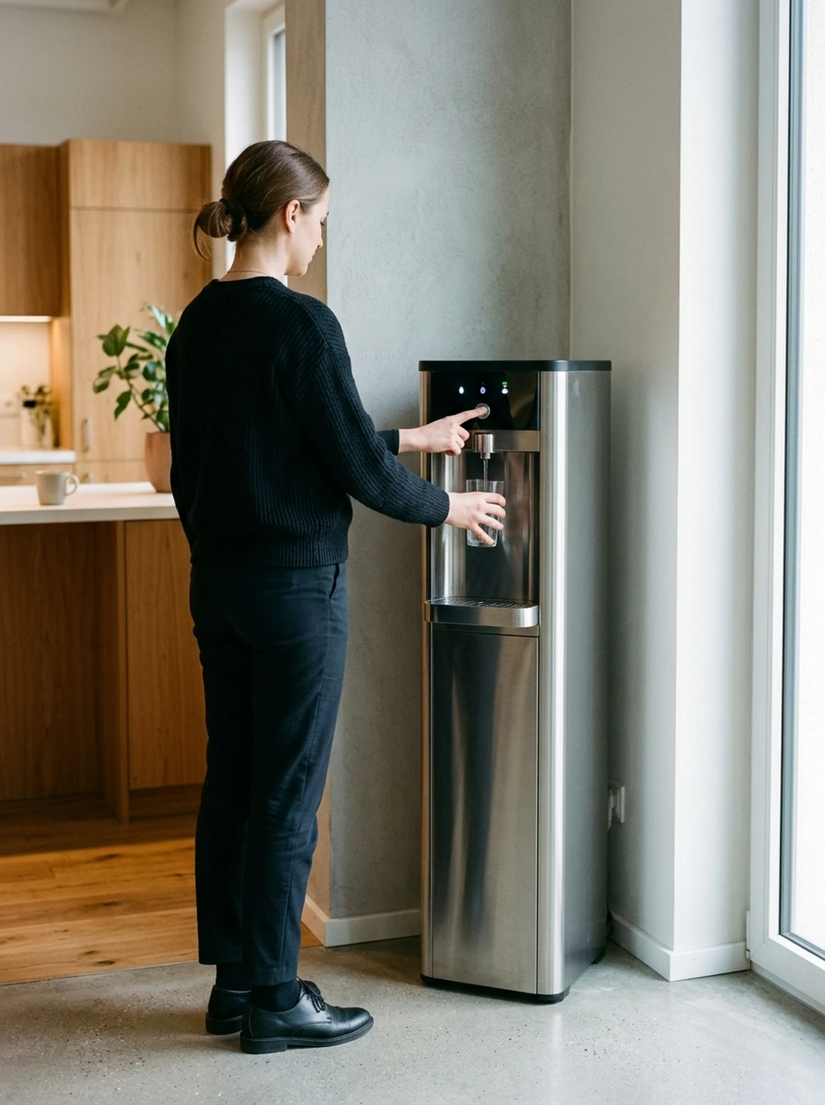 Hochwertiger Wasserspender in einer modernen Büroküche, ein Glas wird gefüllt