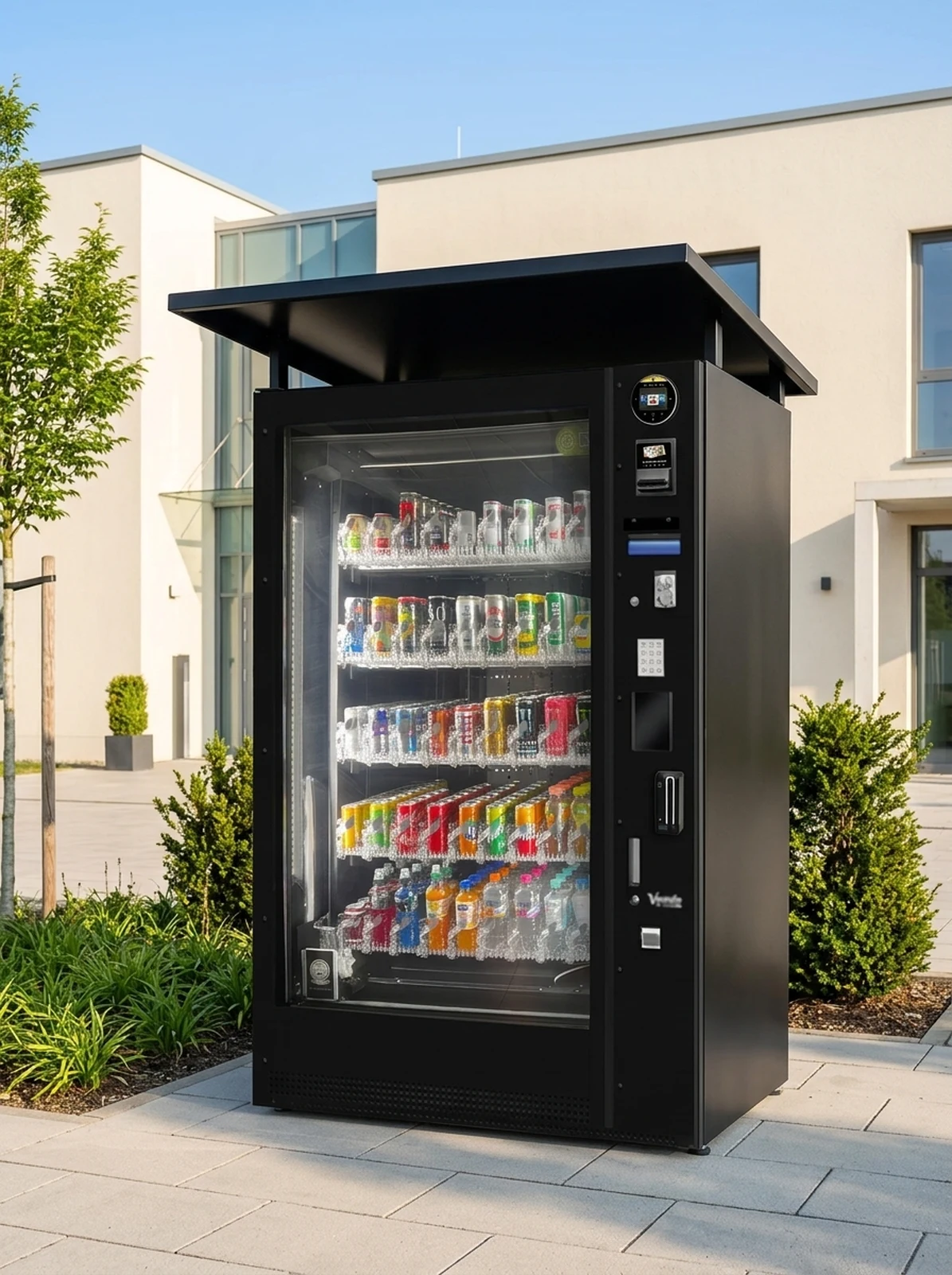 Schwarzer Getränkeautomat mit Überdachung im Außenbereich eines Betriebsgebäudes